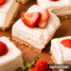A close-up of a single No Bake Cheesecake Bar with a creamy white filling and golden graham cracker crust, garnished with a berry