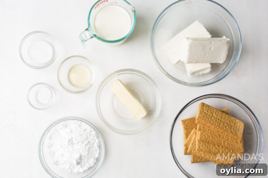 Fresh ingredients for making No Bake Cheesecake Bars laid out, including cream cheese, graham crackers, butter, and vanilla