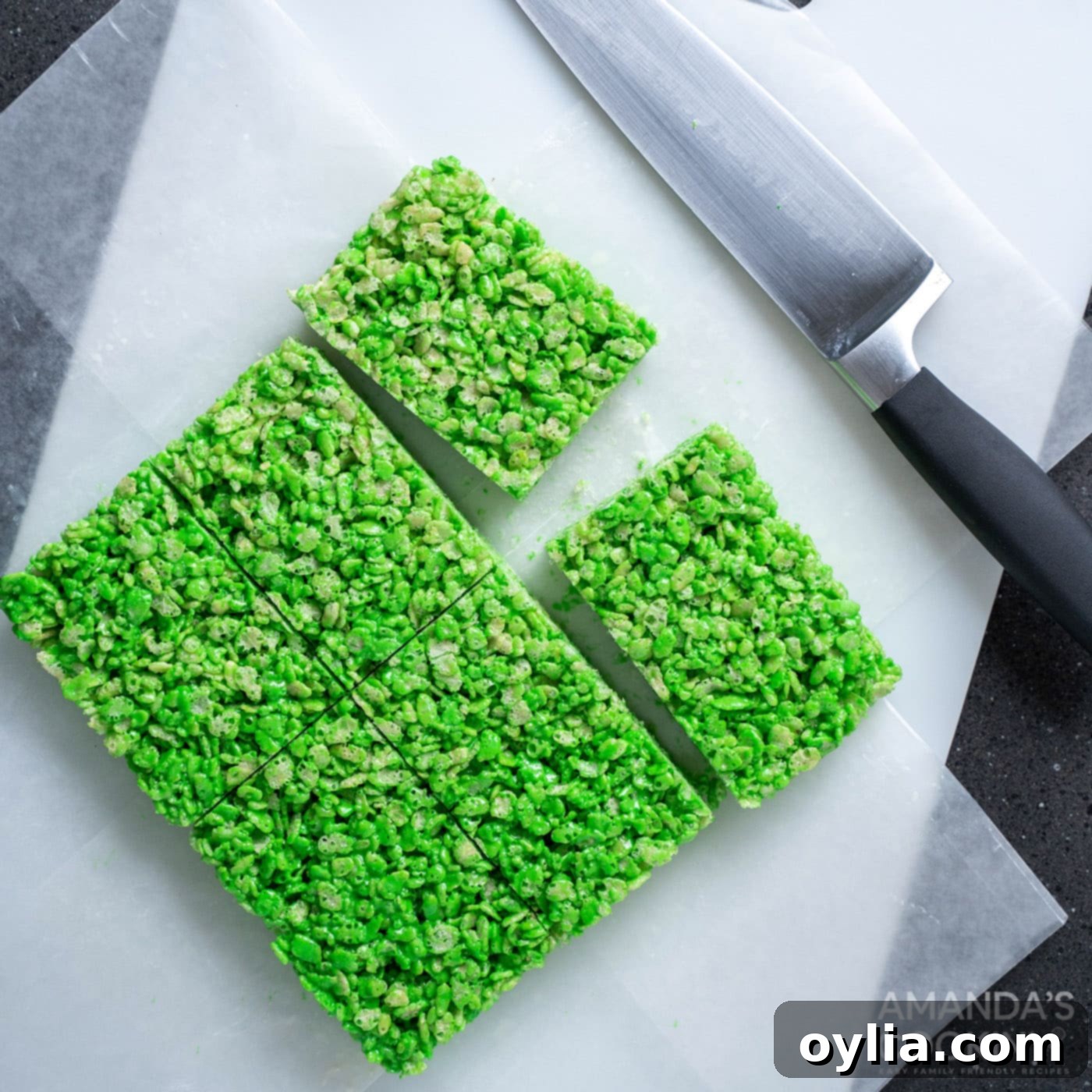 Monster Mash Krispie Treats 10 sliced green rice krispie treats