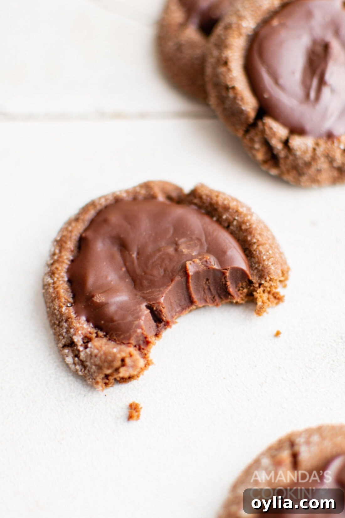Chocolate Thumbprint Cookie with a bite out of it