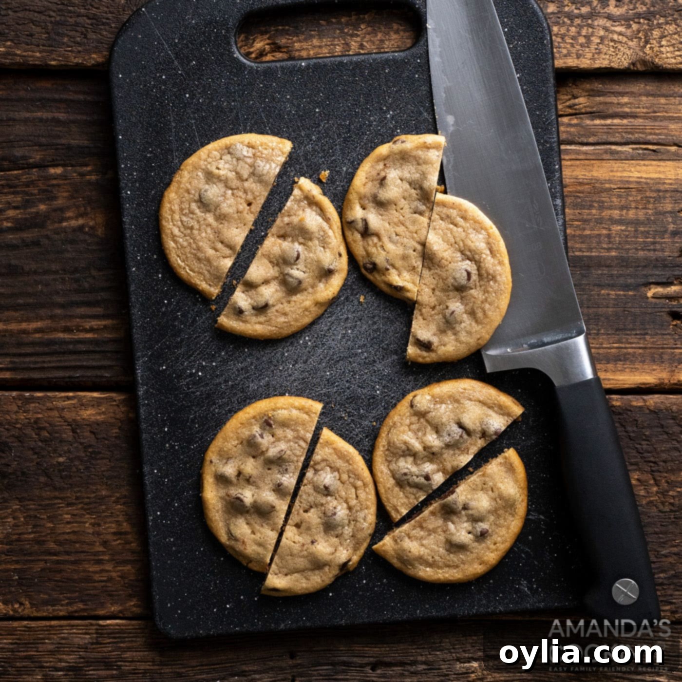Chocolate chip cookies carefully cut in half, ready for frosting