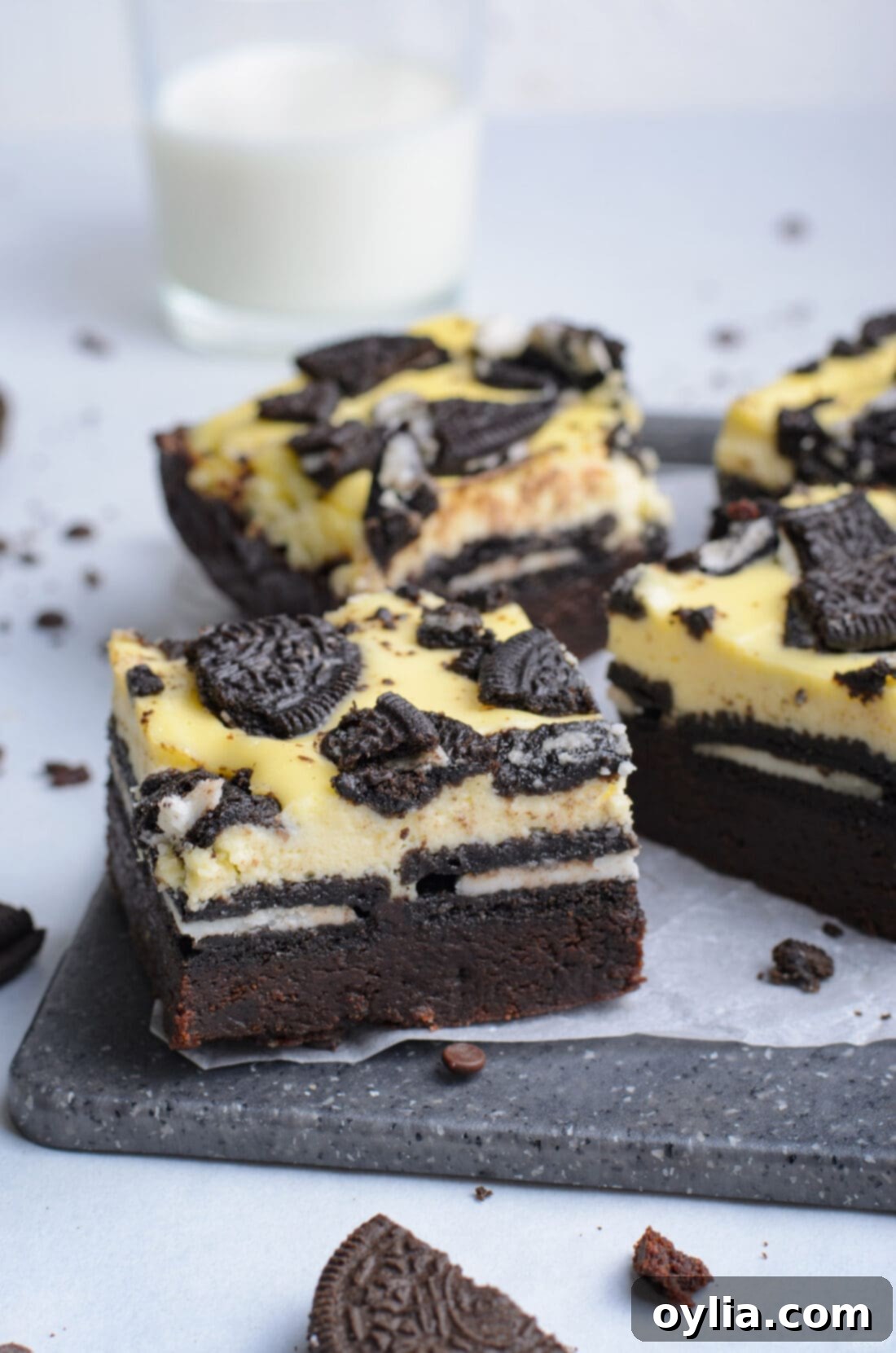 Oreo Cheesecake Brownies on a platter