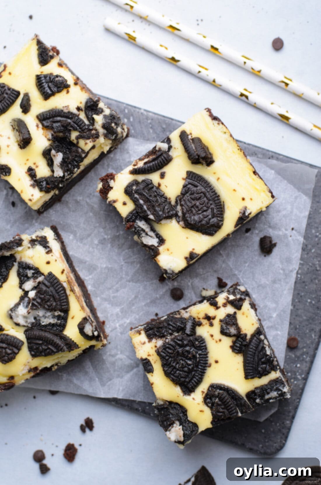 overhead view of Oreo Cheesecake Brownies