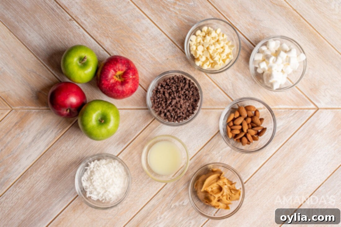 Fresh apples, peanut butter, and mini chocolate chips laid out as ingredients for Apple Nachos
