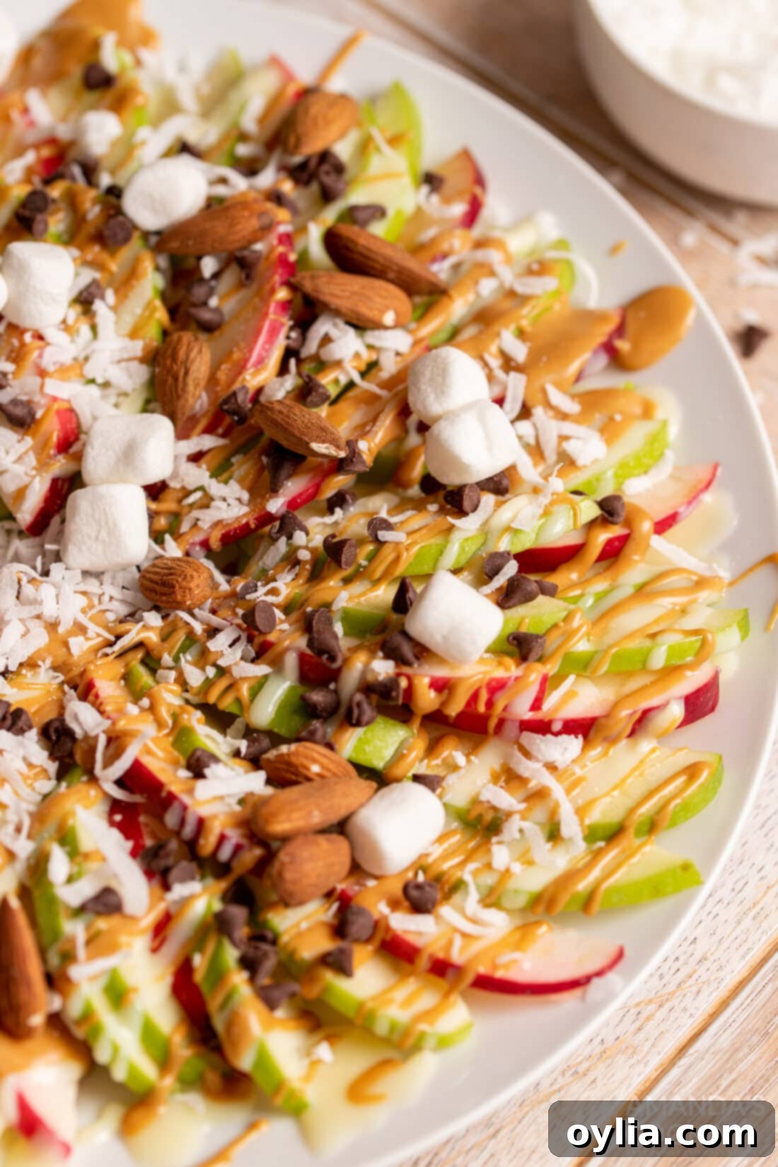 Overhead shot of a delicious plate of homemade Apple Nachos, ready to be served