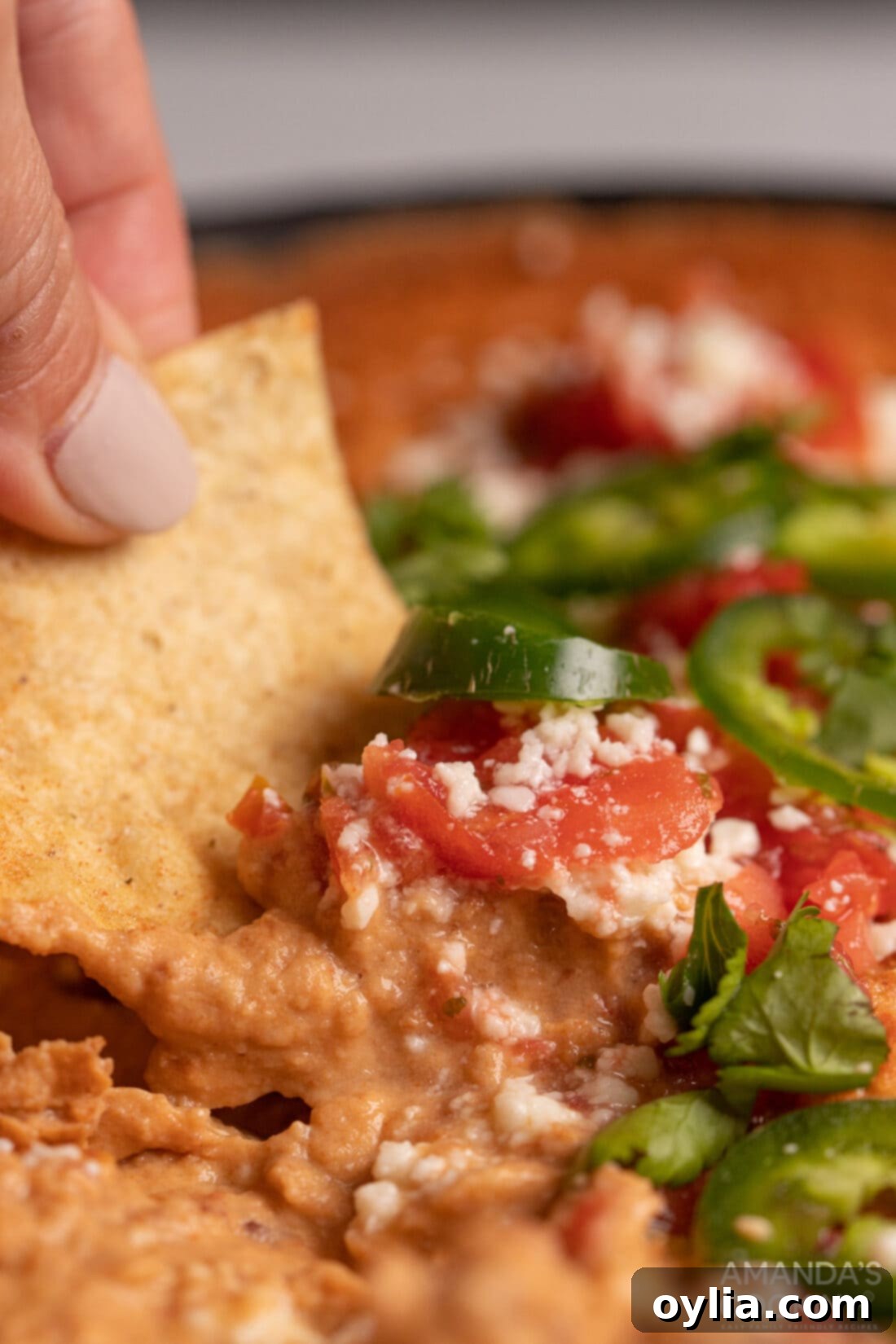 scoping Bean Dip with nacho chip