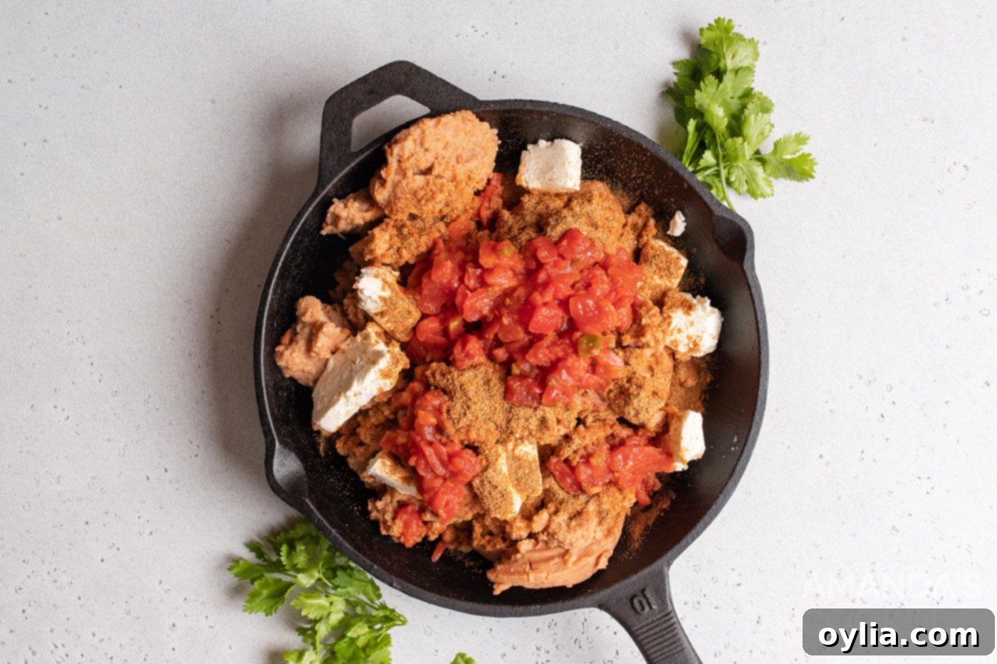 refried beans, tomatoes, cream cheese, and taco seasoning in a skillet 