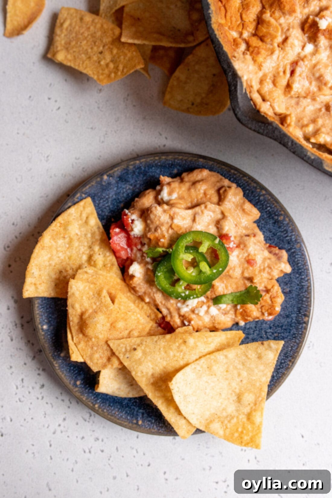 Bean Dip on a plate with cihps