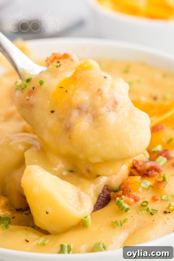 Chunky spoonful of creamy potato soup, highlighting the rich texture and delicious ingredients.