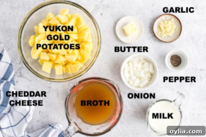 A collection of fresh ingredients laid out, including potatoes, a block of cheddar cheese, milk, onion, garlic, and broth, ready for making potato cheese soup.