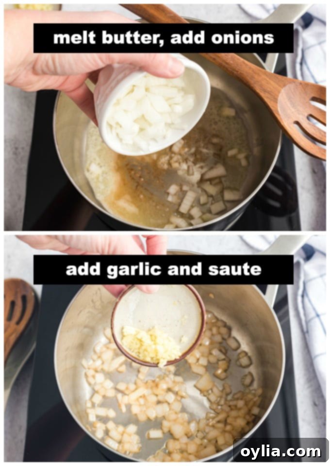 Sautéing chopped onion and minced garlic in a large saucepan with melted butter.