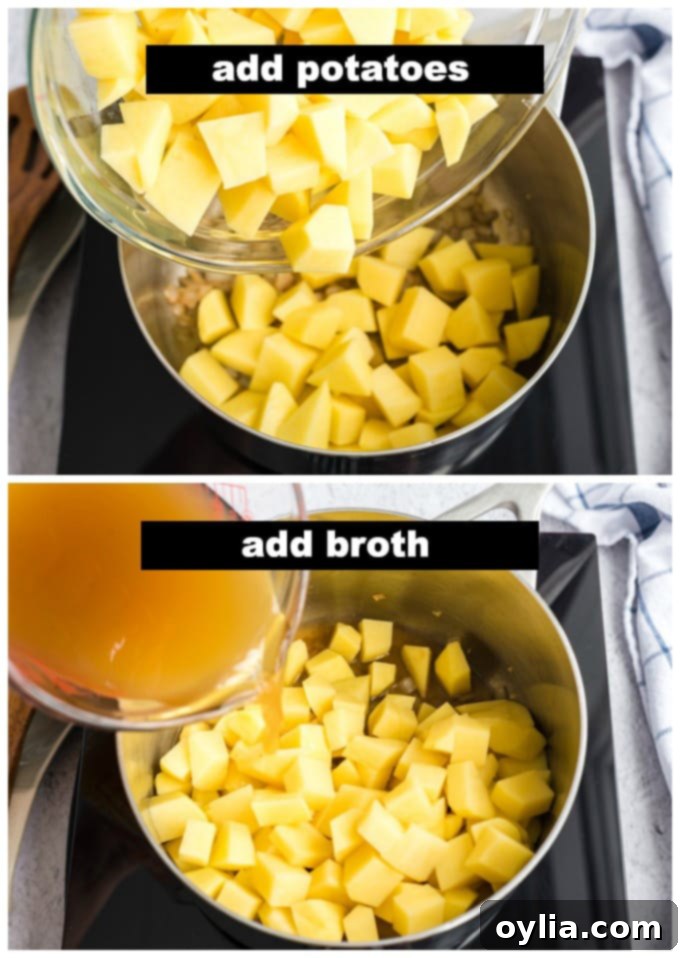 Adding diced Yukon Gold potatoes and chicken broth to the saucepan, preparing to boil and simmer for tender potatoes.