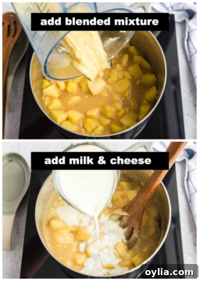 Adding the blended potato mixture back into the saucepan with the remaining soup, then stirring in milk to combine.