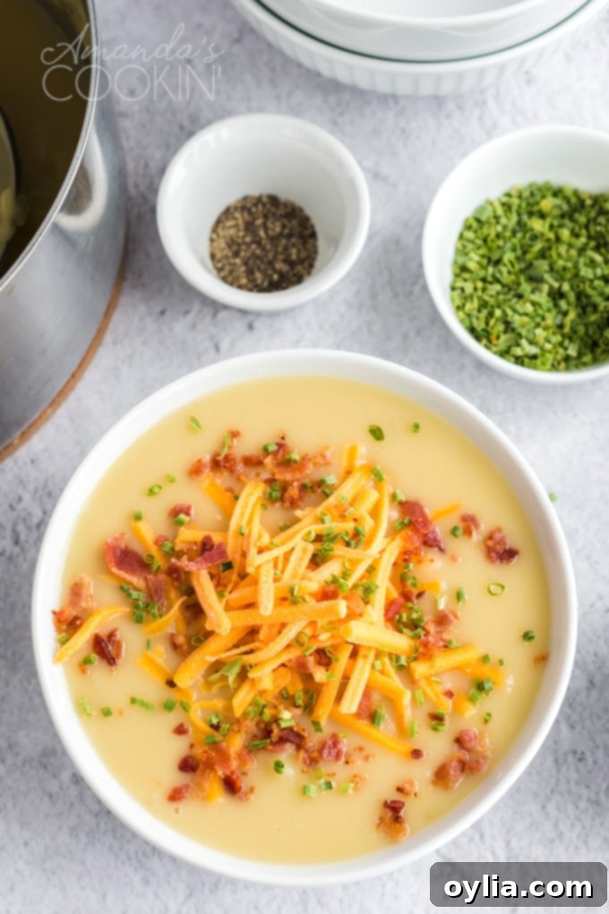 A beautifully presented bowl of creamy potato cheese soup with a small bowl of fresh chopped chives behind it, ready for serving.