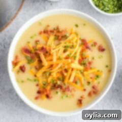 A bowl of creamy cheddar potato soup, generously garnished with crumbled bacon and fresh chives, ready to be enjoyed.
