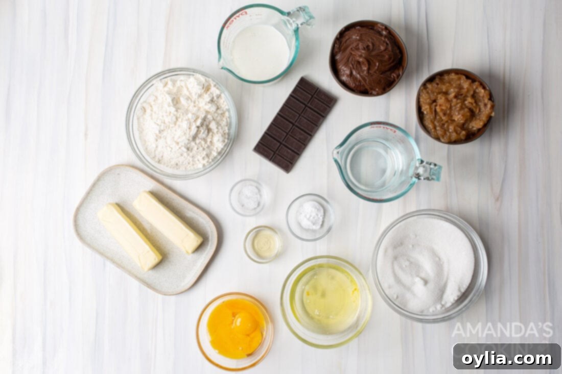 All the necessary ingredients laid out for making a homemade German Chocolate Cake, including chocolate, butter, eggs, flour, buttermilk, and frosting.