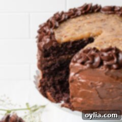 German Chocolate Cake with a slice removed, showing all its rich layers.