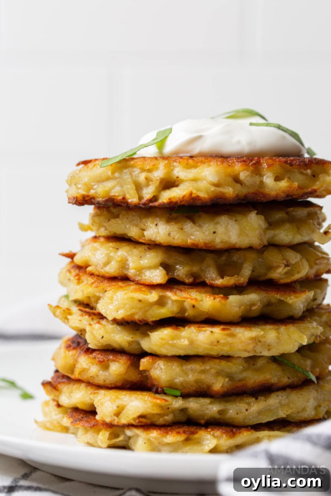 Potato Fritters 2 Stack of golden brown, crispy potato pancakes ready to be served.