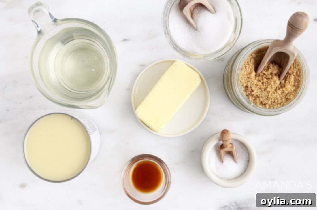 A display of all the simple ingredients required to make Microwave Caramels.