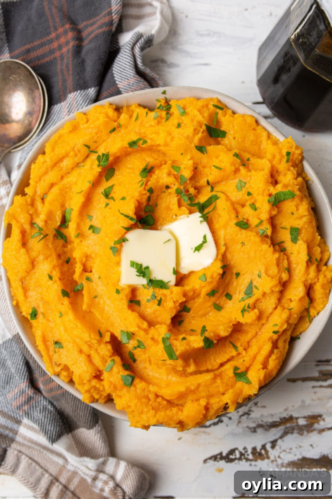 overhead view of a bowl of Mashed Sweet Potatoes