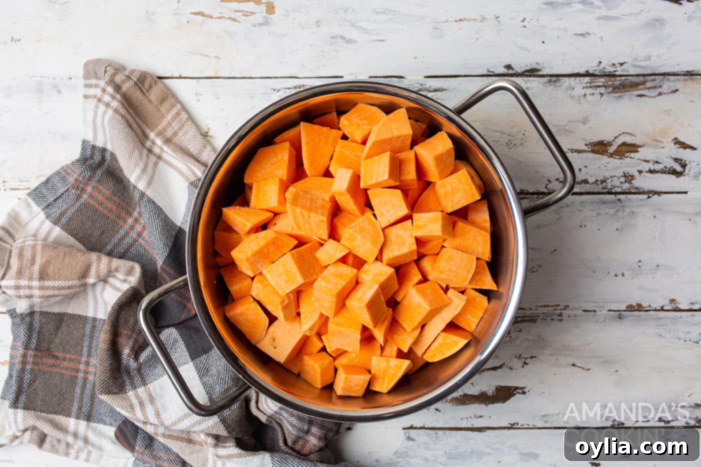 cubed sweet potatoes in a pot