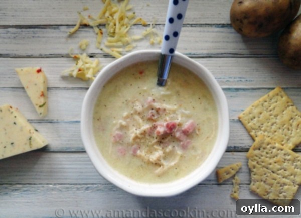 Close-up of Cheesy Chicken & Ham Chowder, showcasing the creamy broth and hearty ingredients.
