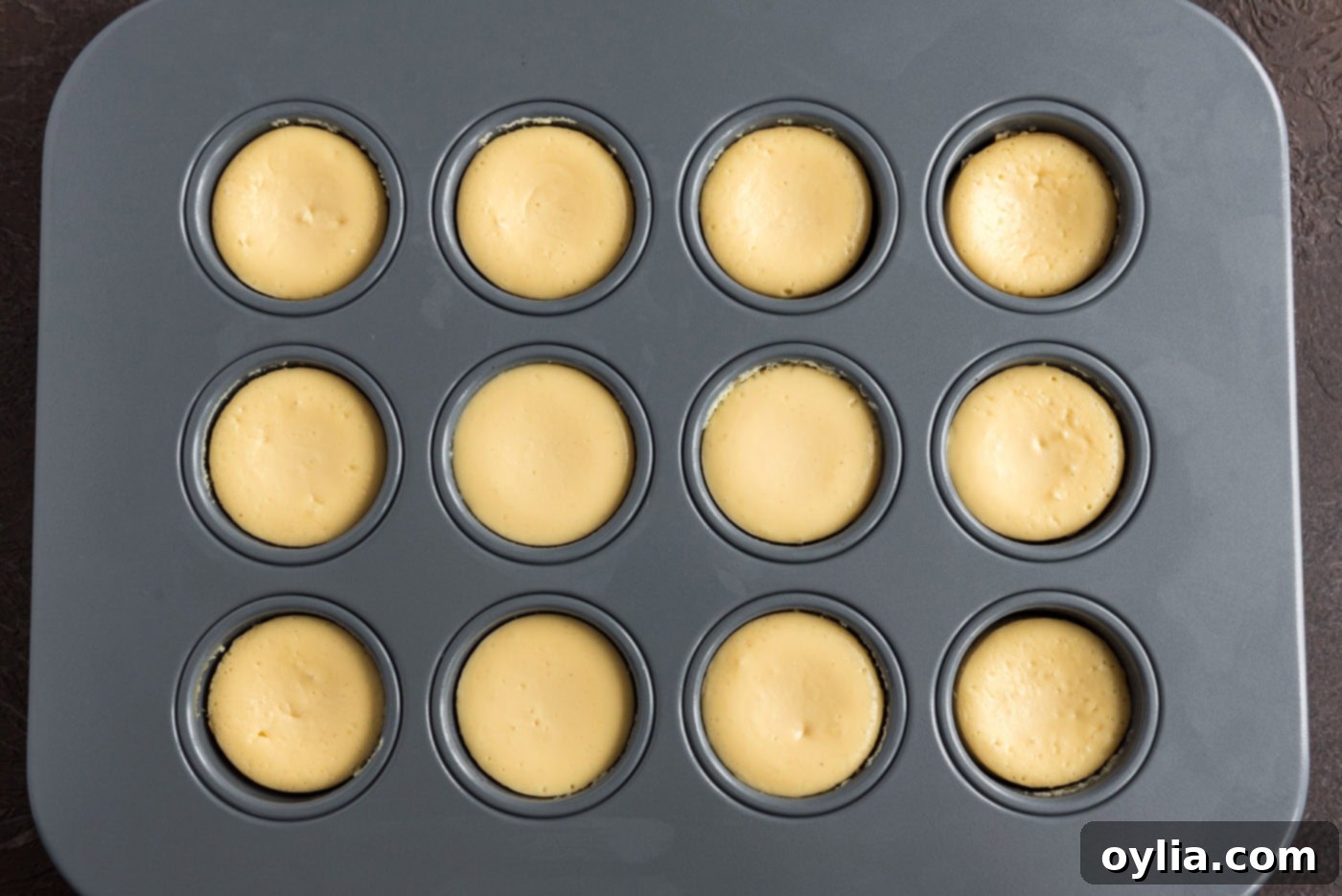 overhead shot of baked mini cheesecakes in a pan