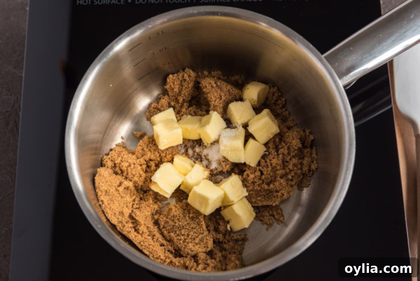 cubed butter and brown sugar in a saucepan