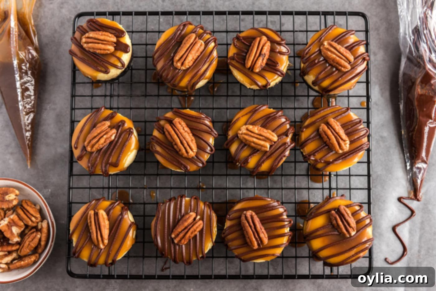 mini turtle cheesecakes on a wire baking rack with whole pecans