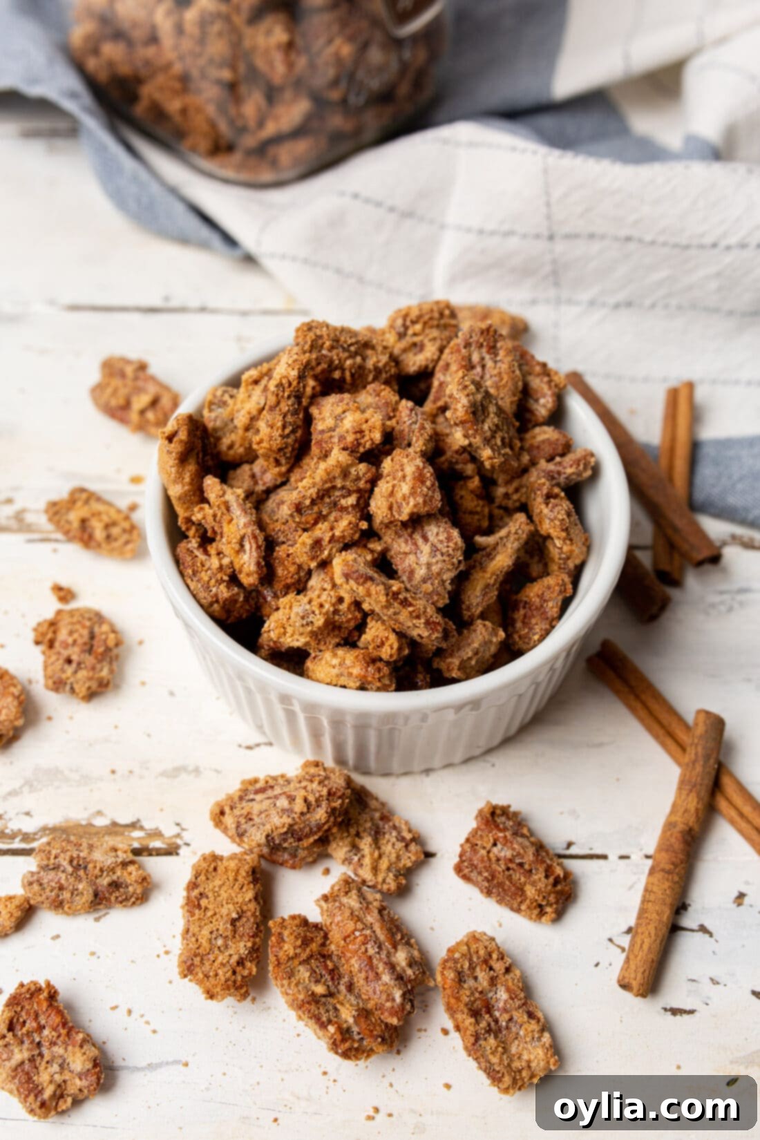 Bowl brimming with freshly baked cinnamon sugar candied pecans.