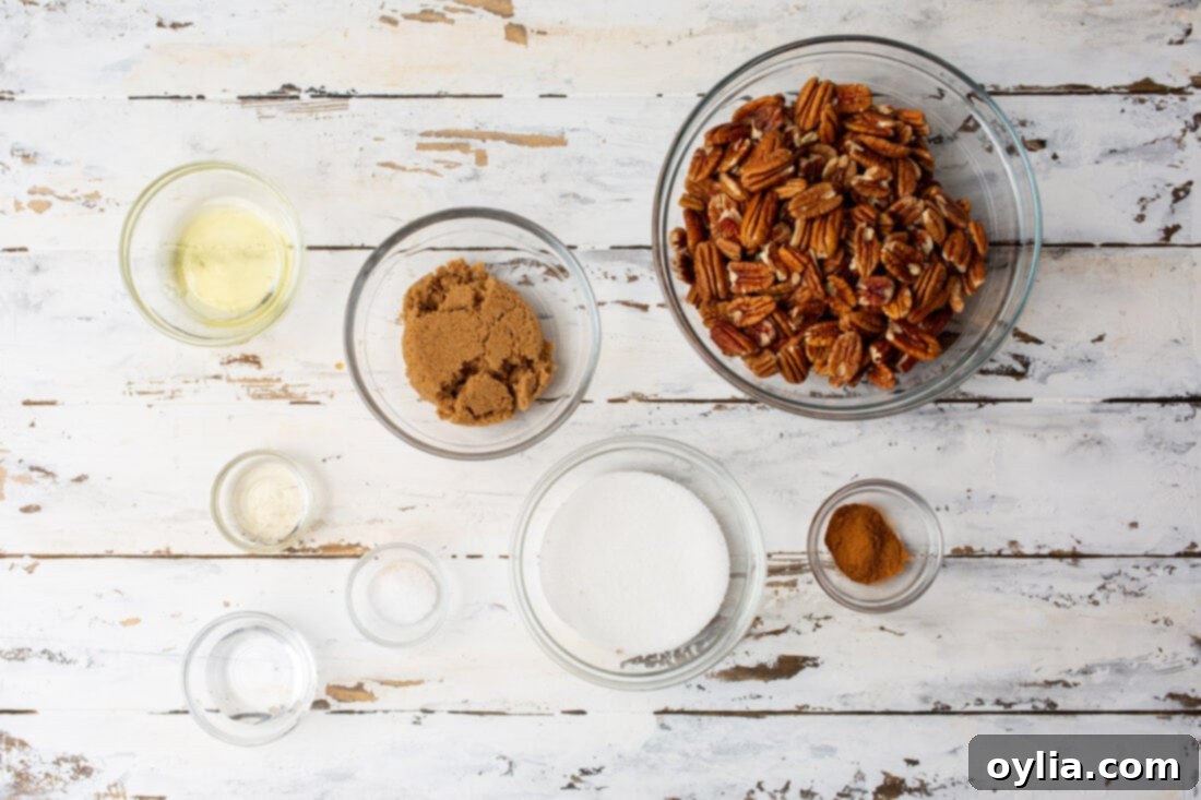 Ingredients laid out for cinnamon sugar candied pecans, including pecans, sugars, cinnamon, and egg whites.