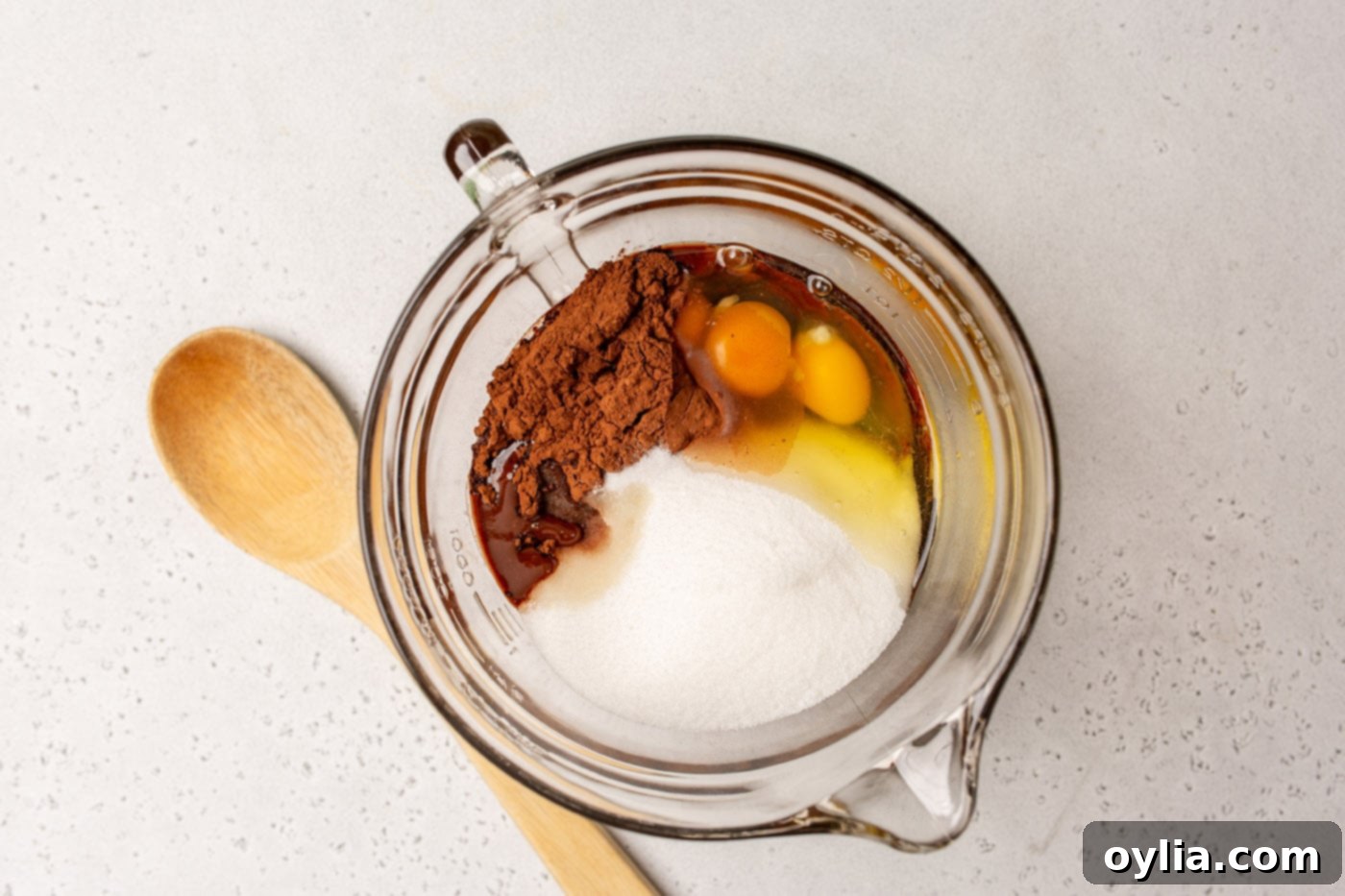 melted chocolate, eggs, cocoa powder, sugar, and extract