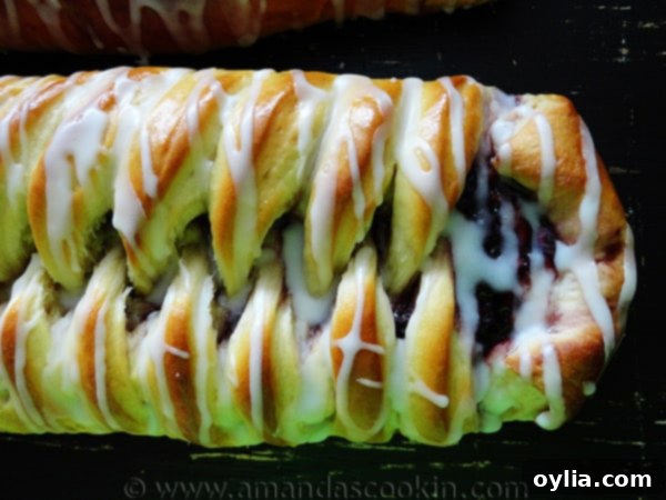 A close up overhead photo of a braided blackberry breakfast Danish.