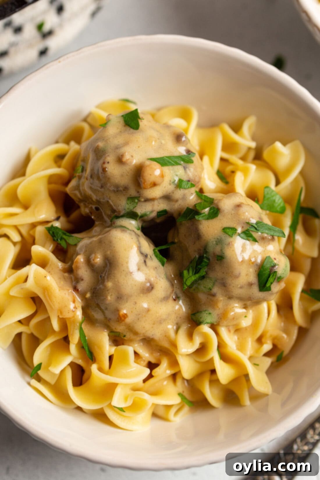 bowl of Swedish Meatballs on egg noodles