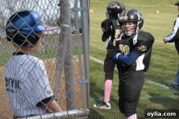 Photos of Amanda's son Dominic playing baseball and football, showcasing a typical busy family sports schedule.