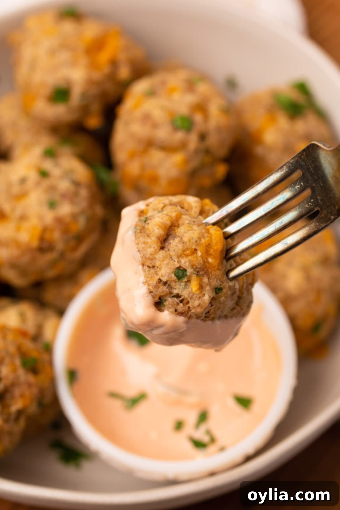 Sausage Balls dipped in sauce