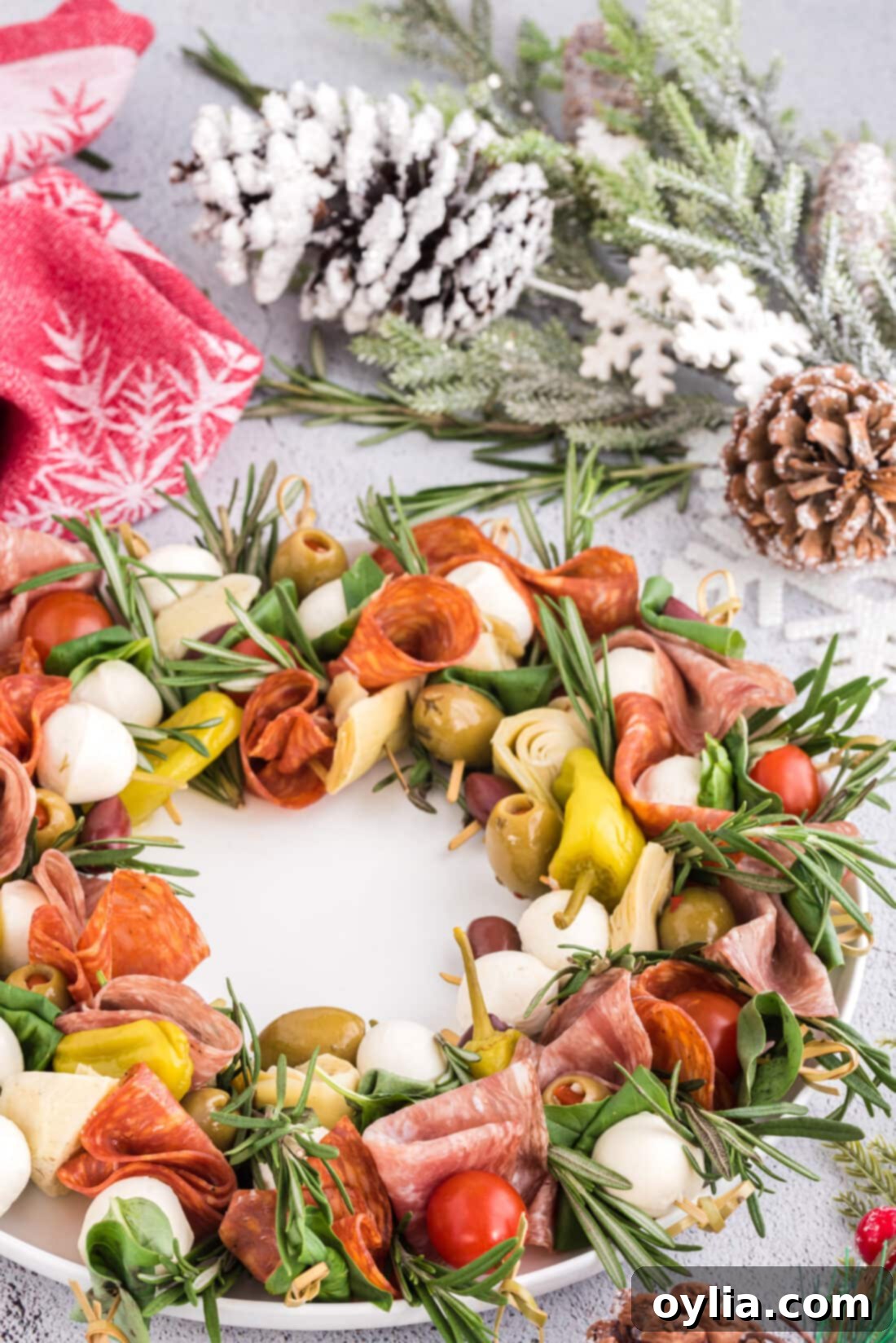 Festive Antipasto Wreath 3 Antipasto Wreath displayed on a festive holiday table setting.