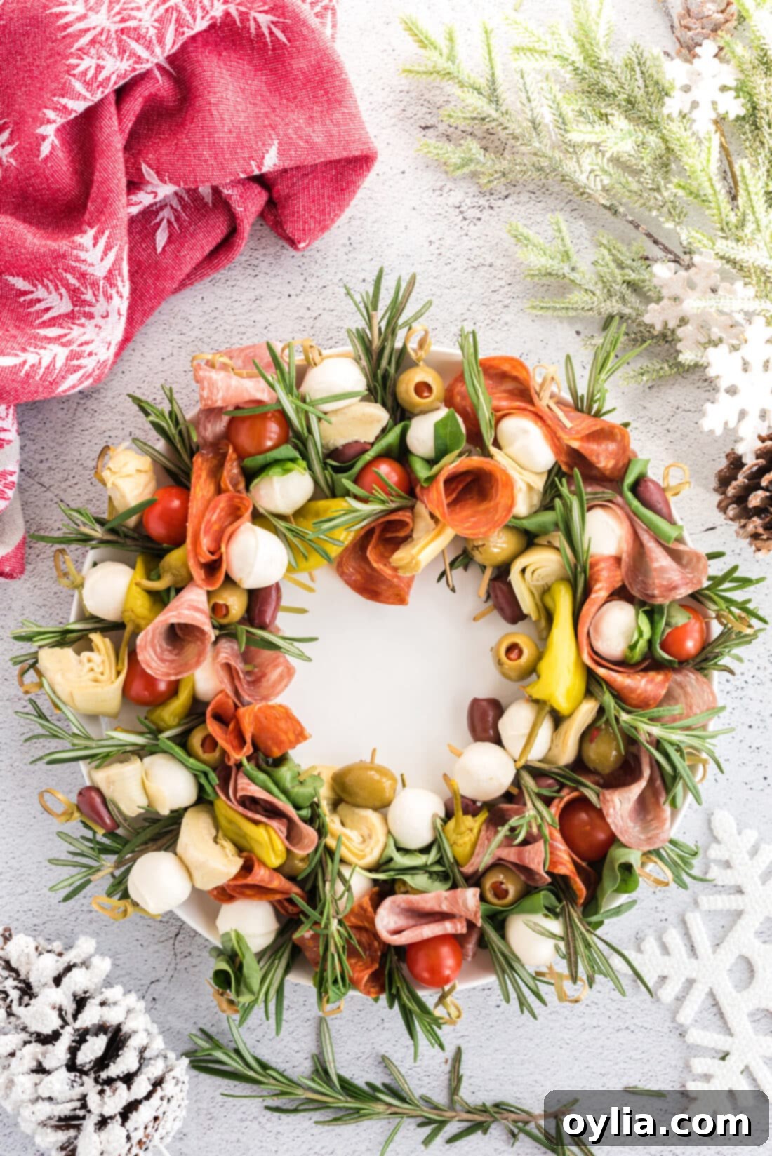 Festive Antipasto Wreath 9 An overhead shot of the beautifully arranged Antipasto Wreath.