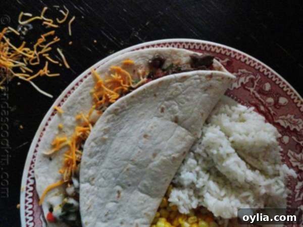 An overhead photo of a perfectly assembled steak soft taco resting on a rustic plate, ready to be enjoyed.