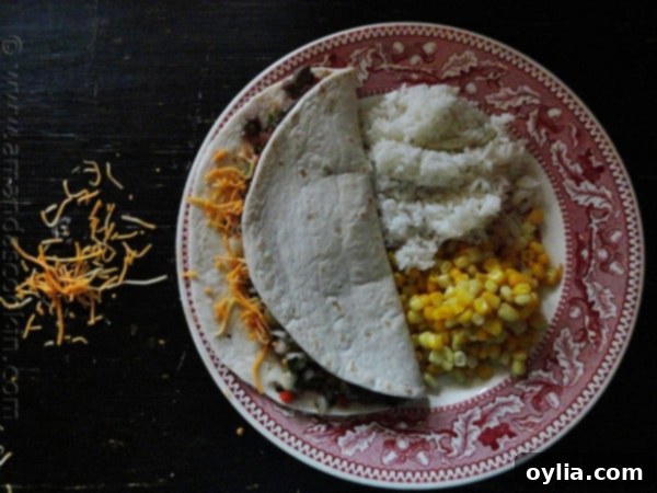 An overhead photo of a delightful steak soft taco on a plate, beautifully garnished with fresh ingredients, accompanied by vibrant corn and fluffy rice on the side.