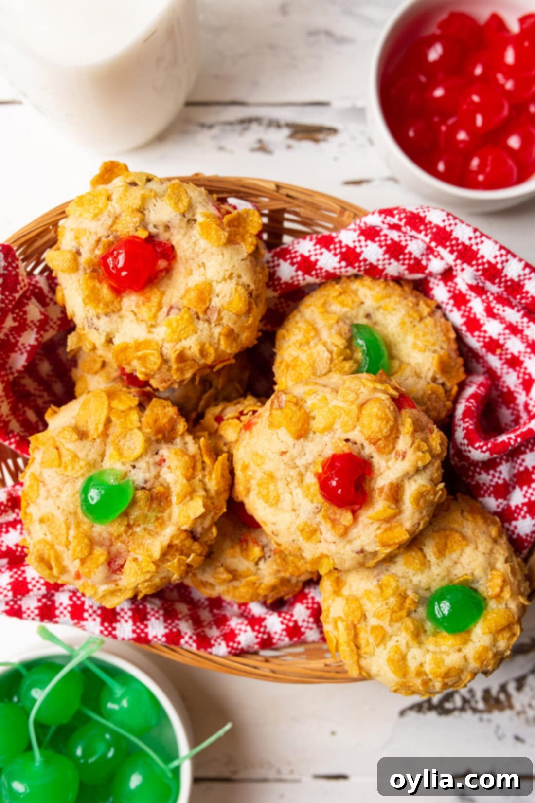 Sparkling Cherry Bites 2 Basket of Golden-Brown Cherry Wink Cookies with Red Cherries and Chopped Nuts