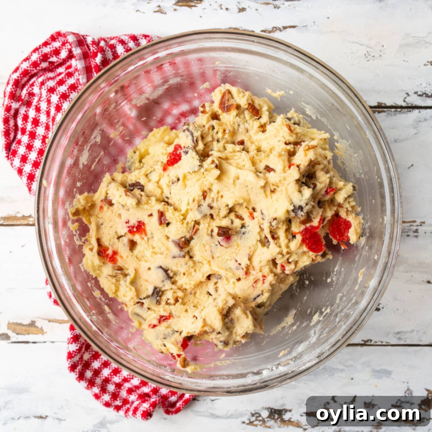 Finished cherry wink cookie dough in a bowl, ready to be scooped