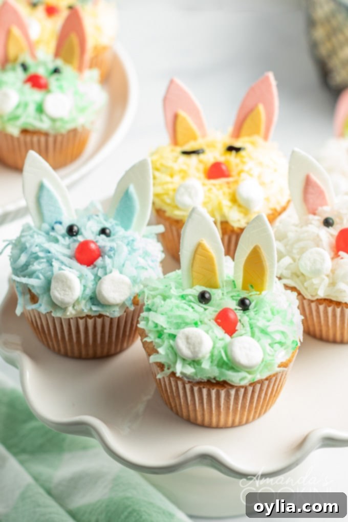 close-up of a plate filled with various bunny rabbit cupcakes