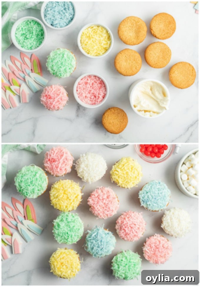 a close-up of the cupcake frosting and coconut dipping process for Easter bunny cupcakes