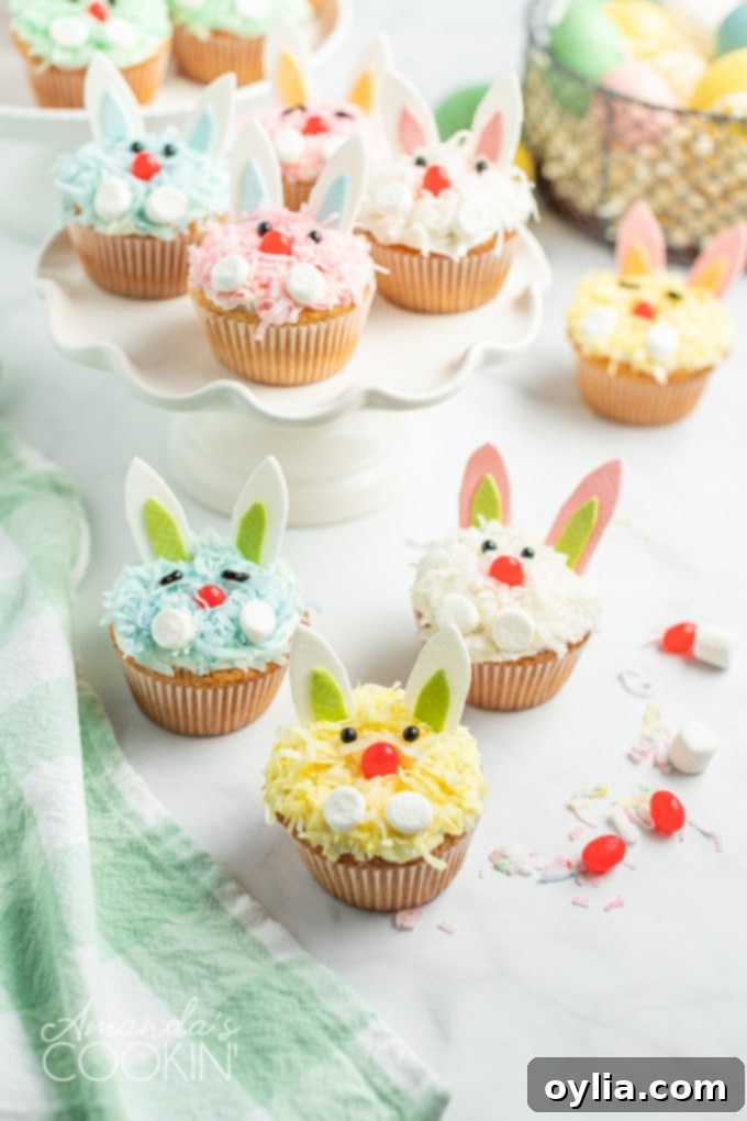 a delightful array of finished colorful bunny cupcakes ready for Easter celebration