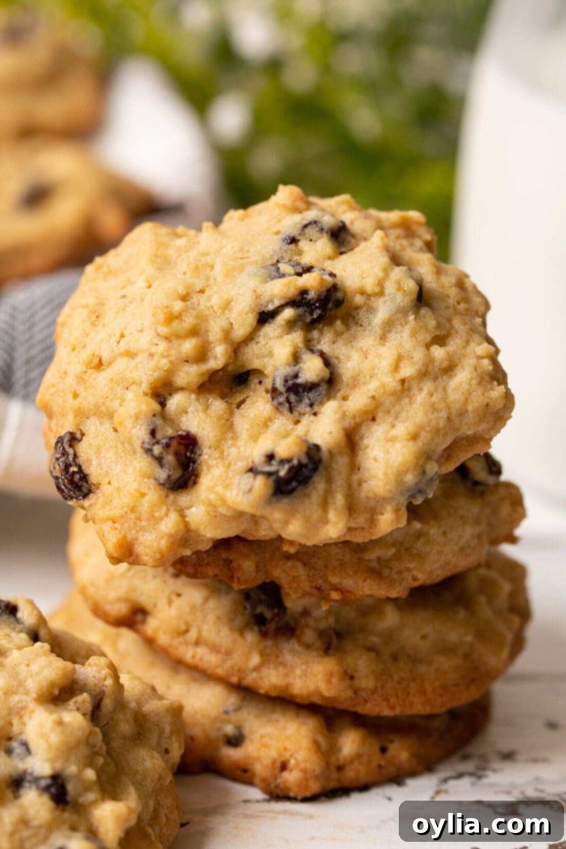 stack of golden brown oatmeal raisin cookies on a white plate