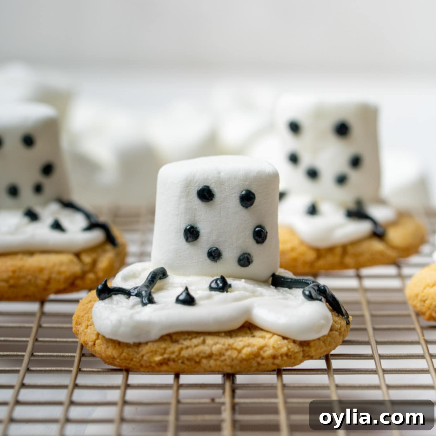 eyes, mouth, buttons, and arms made out of black icing