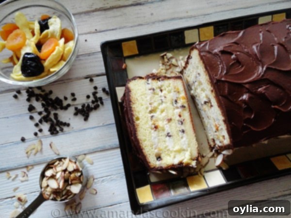 Overhead view of an entire Cassata Cake on a cake stand, ready for serving