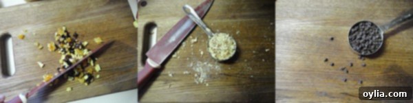 A sharp knife resting on a wooden cutting board next to chopped ingredients