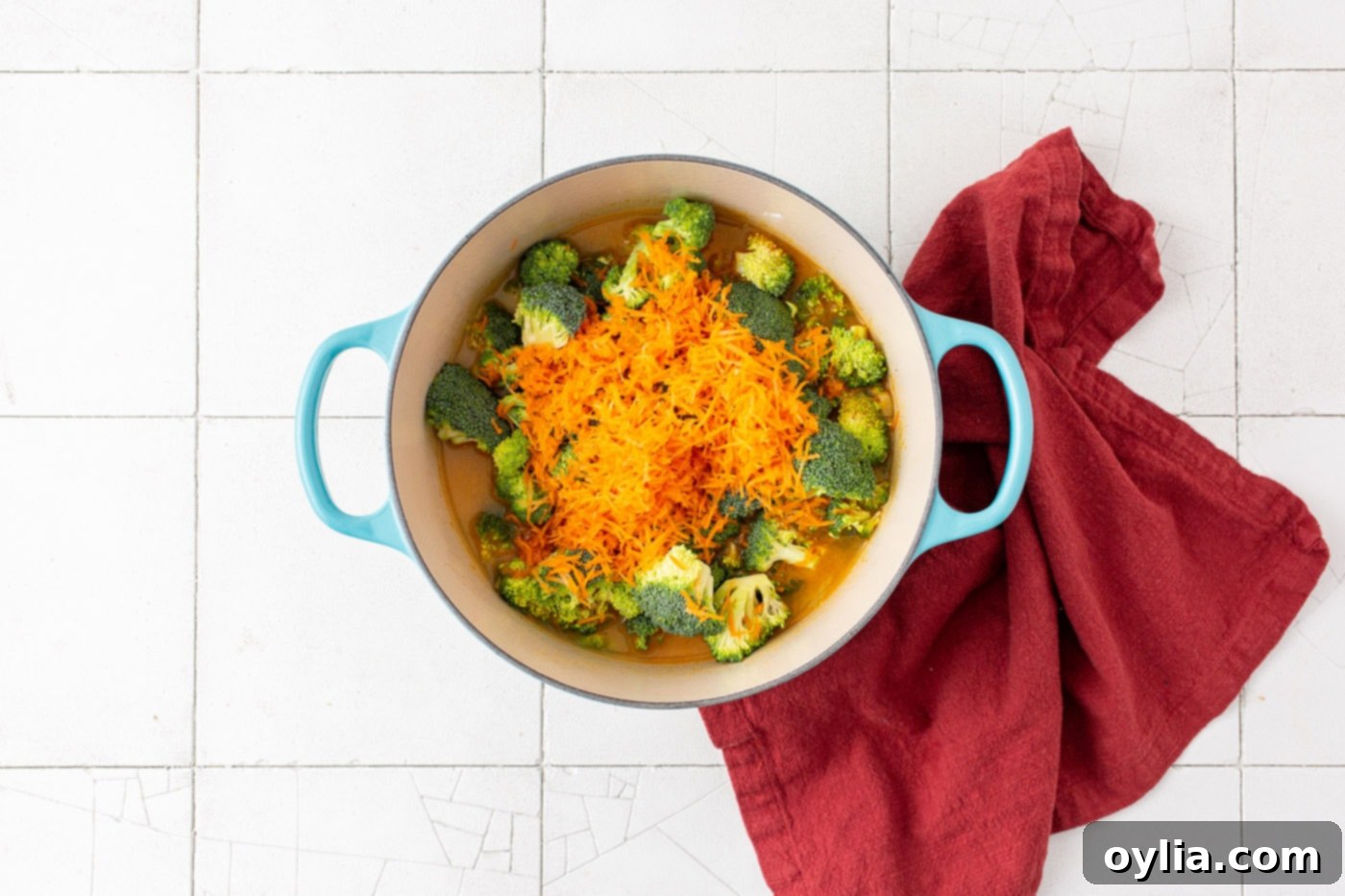 carrots and broccoli florets in a dutch oven 